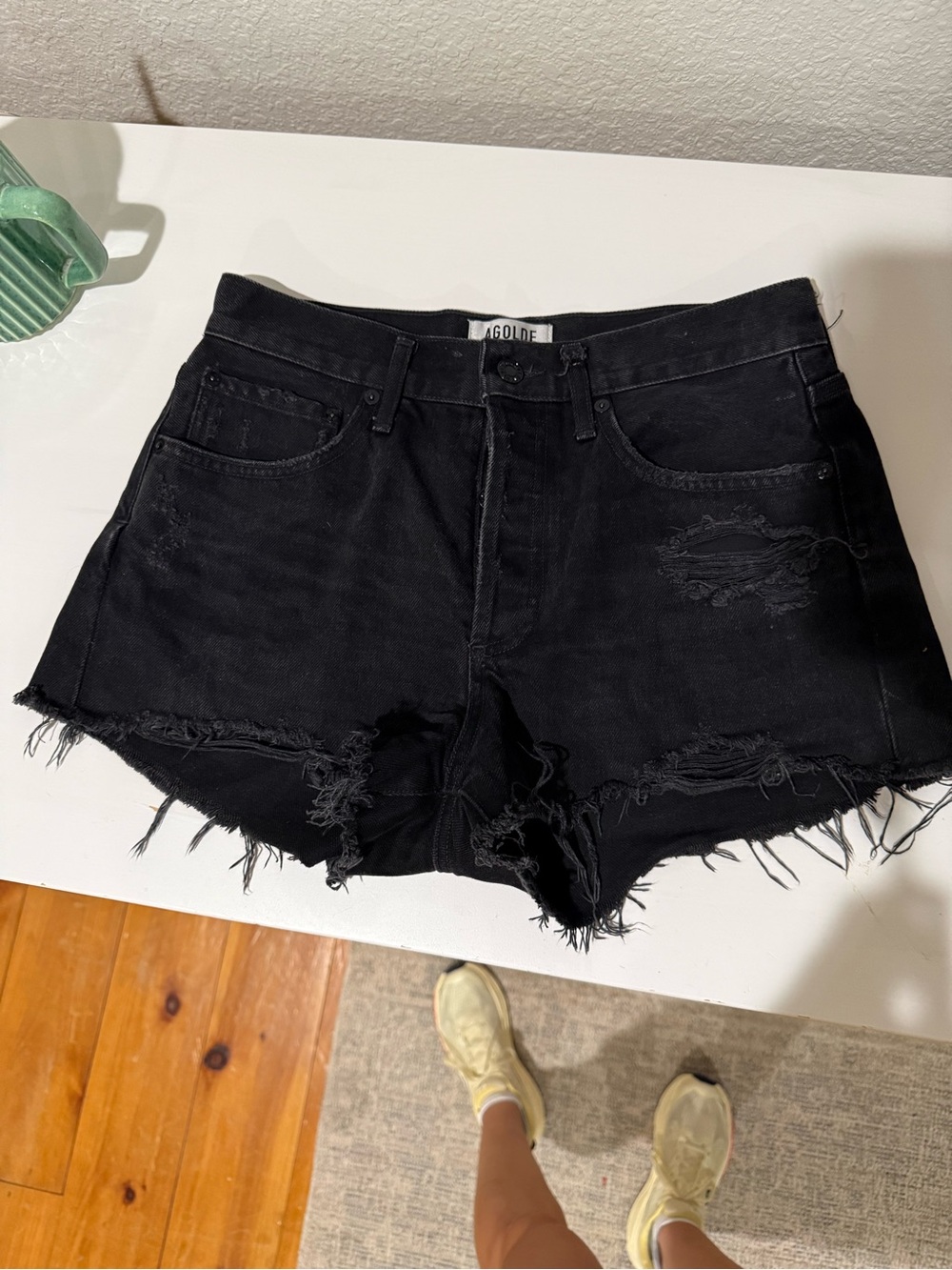 Agolde Black Distressed Cutoff Denim Shorts